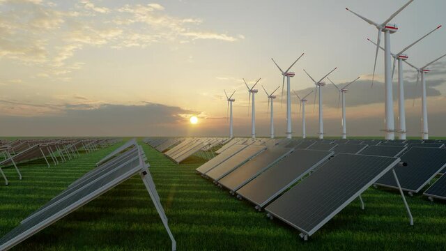 ULTRA HD. Solar power plant and windmills. Renewable energy, green tech. Green energy, renewable energy concept.