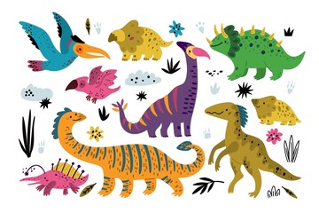 Cute dinosaurs. Kids style dinos funny prehistoric animals characters, predators and herbivores, birds and reptiles, wildlife fauna, baby decor collection, vector cartoon flat isolated set