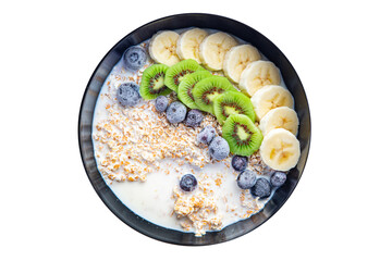oatmeal bowl fruit breakfast vegetable milk, lactose free, banana, kiwi, berrie, blueberrie meal...