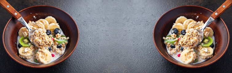 oatmeal bowl fruit breakfast vegetable milk, lactose free, banana, kiwi, berrie, blueberrie meal snack on the table copy space food background