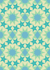 Fototapeta premium Abstract geometric pattern, stars, garland. Seamless vector background. Light grayish yellow. Dark blue. Slightly saturated blue.