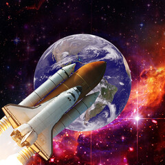Naklejka premium Earth and rocket in space. The elements of this image furnished by NASA.