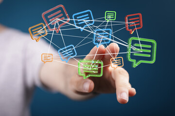 touching 3D rendering flying email icon with his fin