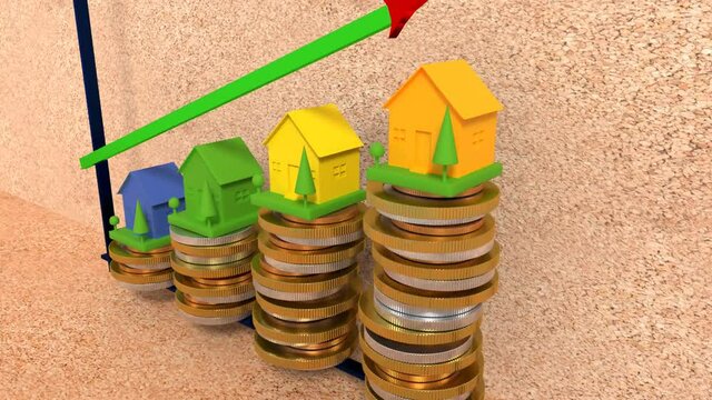 3D video. Houses on a pile of coins and graph with arrows - growth and drop 