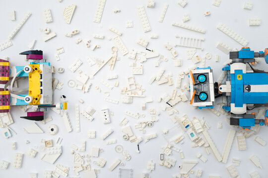 Minsk, Belarus. November, 2021.  Lego robot background. STEM and STEAM education. AI. DIY. Education robot for school and kids.