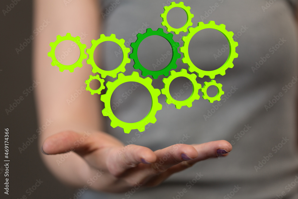 Poster mechanism green gears and cogs at work on black background. industrial machinery. 3d illustration. 3
