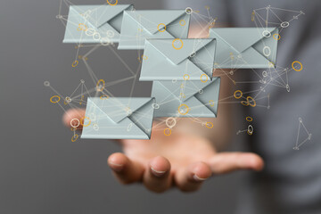  touching 3D rendering flying email icon with his fin