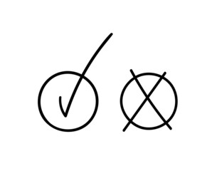 Doodle check marks. Agree or disagree sign. Hand-drawn check mark V and cross X in a circle shape. Vector stock illustration isolated on white background.