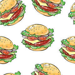 Cartoon style hamburgers seamless pattern background
