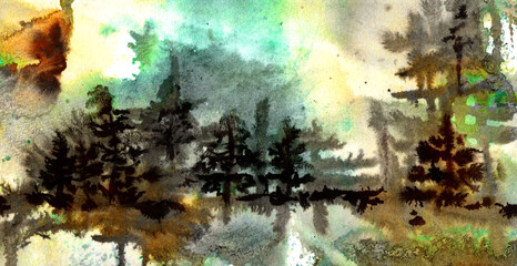 abstract landscape with trees, hand painted and atmospheric watercolor painting