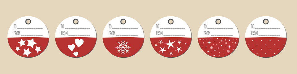 Collection of round christmas tags with graphic elements.