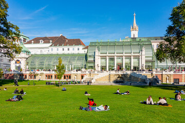 People relaxing in Burggarten park at Butterfly house, Vienna, Austria