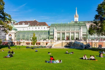  People relaxing in Burggarten park at Butterfly house, Vienna, Austria © Mistervlad