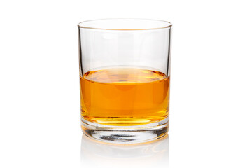 glass of whiskey or whisky or american Kentucky bourbon with its reflection on the plane. isolated...