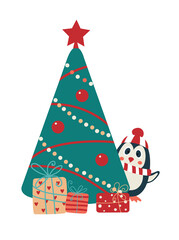 Winter greeting card with a Christmas tree, gifts, and a penguin in a hat and scarf, waving a wing. Cartoon character