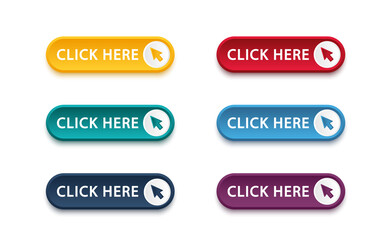 Click here button with arrow pointer clicking icon. Click here vector web button. Web button with action of arrow pointer. Click here, UI button concept. Vector illustration