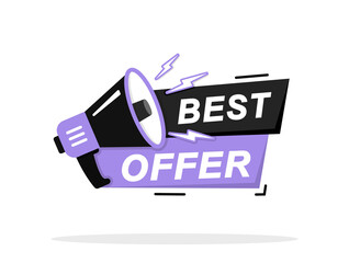 Best Offer icon on white background. Best Offer logo design with megaphone and text. The loudspeaker screams best offer. Best offer, limited sale offer promo stamp with megaphone. Vector
