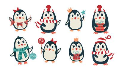 Set of cartoon penguins. Boys and girls penguins in a winter holidays theme. Christmas penguin characters