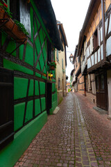 colorfull streetview in the city of Riquewihr , Alsace France