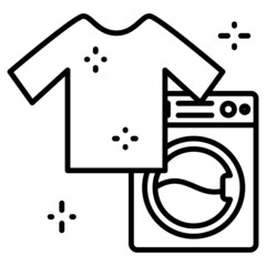 Self-service laundry, laundry and cleaning service. Automatic washing machine and clean T-shirt. Vector icon, outline, isolated.