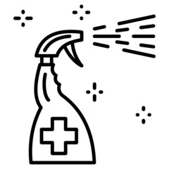 Antibacterial surface treatment. The bottle sprays a disinfectant. Hygiene, sanitation, disinfection. Vector icon, outline, isolated.