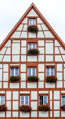 A half-timbered house with red beams and white windows, Schwabach, Bavaria, Germany