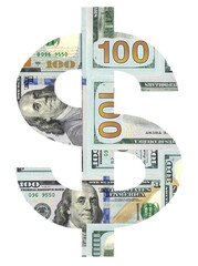 dollar currency sign with money texture 100 bucks isolated on white background