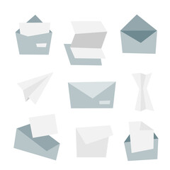 Collection of different post and message icons in flat style