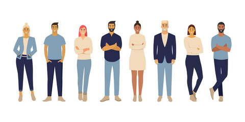Personas. Hombres y mujeres de pie. Grupo o equipo de trabajo. Diversidad de personas. Ilustración vectorial - obrazy, fototapety, plakaty