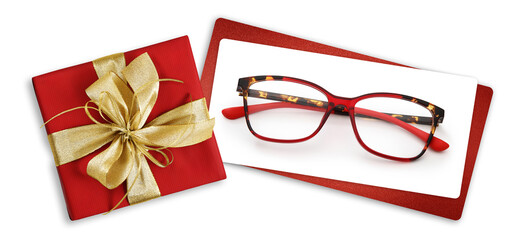 glasses christmas gift card, red box with glittering golden ribbon bow, white ticket and eyewear...