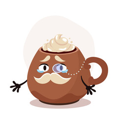 Cartoon coffee cup with whipped cream. Cartoon character old gentleman. Christmas hot drink. Funny vector illustration for sticker pack