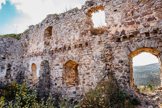 Ruins of Valdek Castle in Central Bohemia,Brdy,Czech Republic.It was built in 13th century by aristocratic family.Now there is military training area Jince around and it is abandoned.Sunny fall day