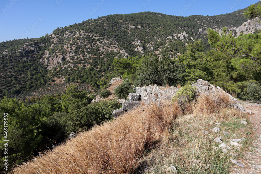 Wall mural beautiful landscape with the ruins of ancient greek city priene in turkey on the slopes of mycale mo