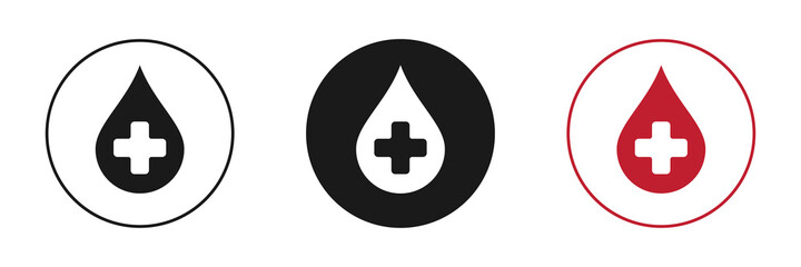 Blood drop icons set. Cross and donation