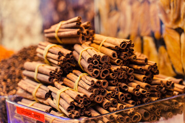 Cinnamon sticks cassia aromatic spice Turkish market. Seasoning for mulled wine and desserts