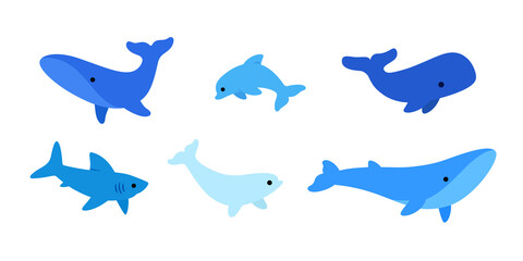 Set of sea creatures - blue whale, polar whale, beluga, sperm whale, shark, dolphin. Simple vector print.