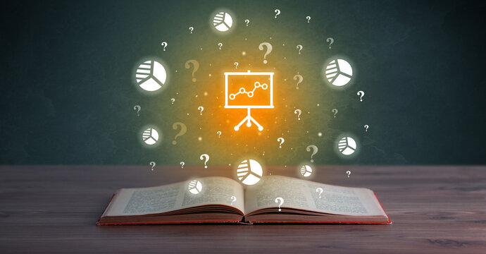 Open book with business icons above