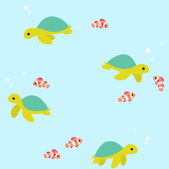 Naklejka na ściany i meble Simple trendy seamless pattern with turtle and clown fish. Flat vector illustration.