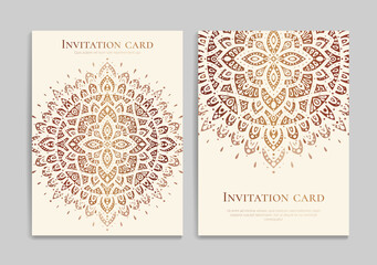 Gold and beige invitation card design with vector mandala pattern. Vintage ornament template. Can be used for background and wallpaper. Elegant and classic vector elements great for decoration.