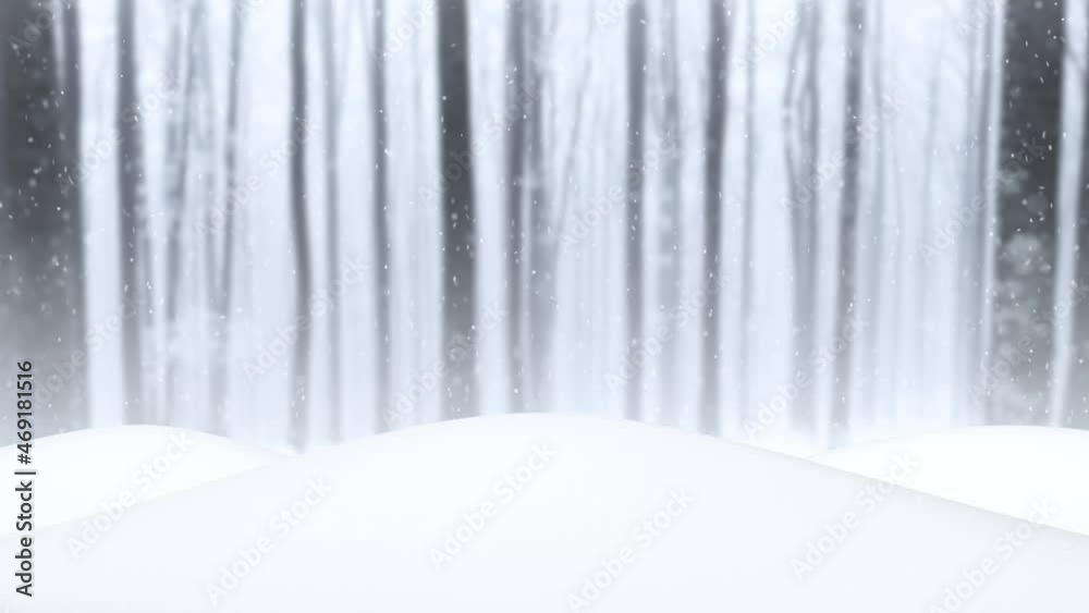 Wall mural blurry forest trees in the background with snow bumps landscape and falling snowfall animation.