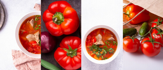 shurpa soup from meat and vegetables collage