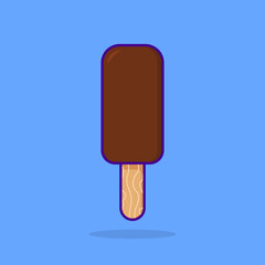 Chocolate Ice Cream on Stick. Frozen Cute Sundae on Blue Background. Summer Sweet Food in Cartoon Style. Isolated Vector Illustration