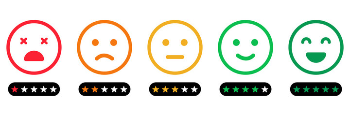 Fototapeta premium Emoji Feedback Scale with Stars Line Icon. Customers Mood from Happy Good Face to Angry and Sad Concept. Emoticon Feedback. Level Survey of Customer Satisfaction. Isolated Vector Illustration