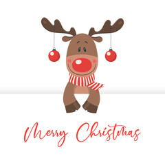 Merry Christmas and Happy New Year Postcard. Vector Christmas Cute Reindeer with Christmas Balls on the Horns in Flat Style. Design Template. Cartoon Kids Character