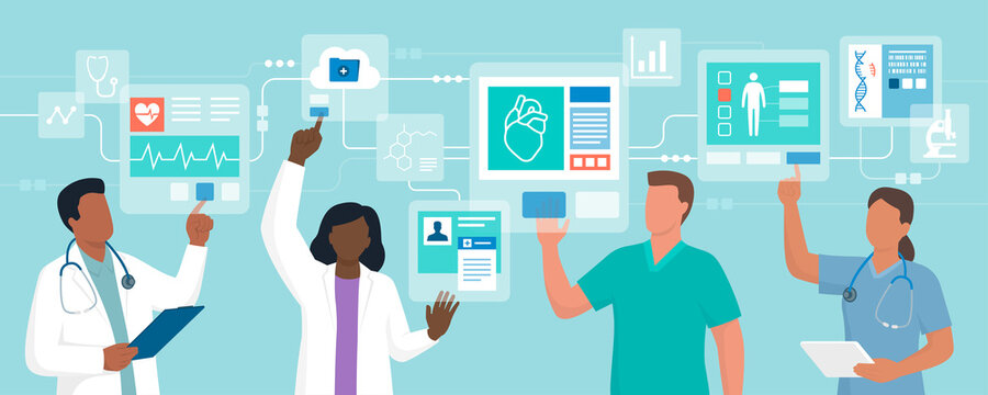 Doctors interacting with digital interfaces and checking health data