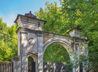 Old gate of faience factory in Konakovo. Russia