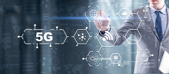 5G Network Wireless Internet concept. Man touching 3D icon 5G