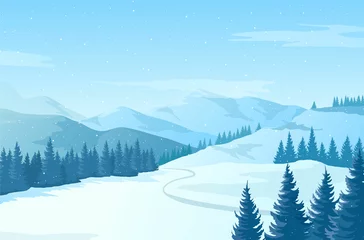 Foto op Plexiglas anti-reflex Winter landscape with snowy mountains and pine trees. Vector illustration. Blue Christmas horizontal background. Vector drawing of beautiful winter morning mountains. © Holovei