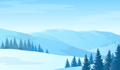 Winter landscape with snowy mountains and pine trees. Vector illustration. Blue Christmas background.