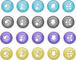 Mobile application icons, buttons for android app,
App button glossy icon set.  Download, Save,   Sound-off, share, sound on. signs for android apps and web application url. Editable Strokes